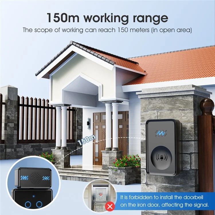 Smart Wireless Waterproof Doorbell Self-powered 4-Gear Volume Home Door Bell, 1 Receiver + 1 Button (CE is applying) - Black