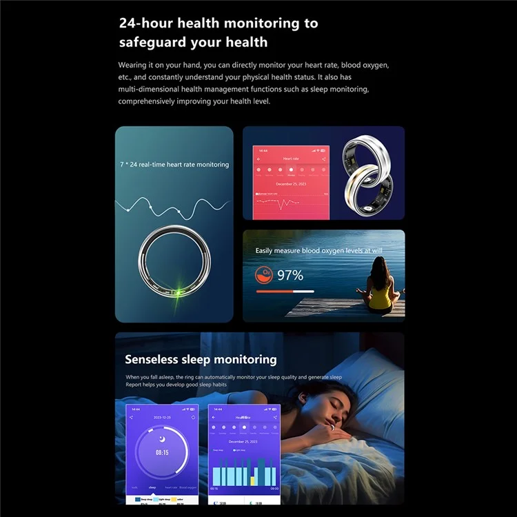 SR03 Ultra Thin Multi-function Health Monitoring Smart Ring with Charging Case, Style B - Silver / Size 10