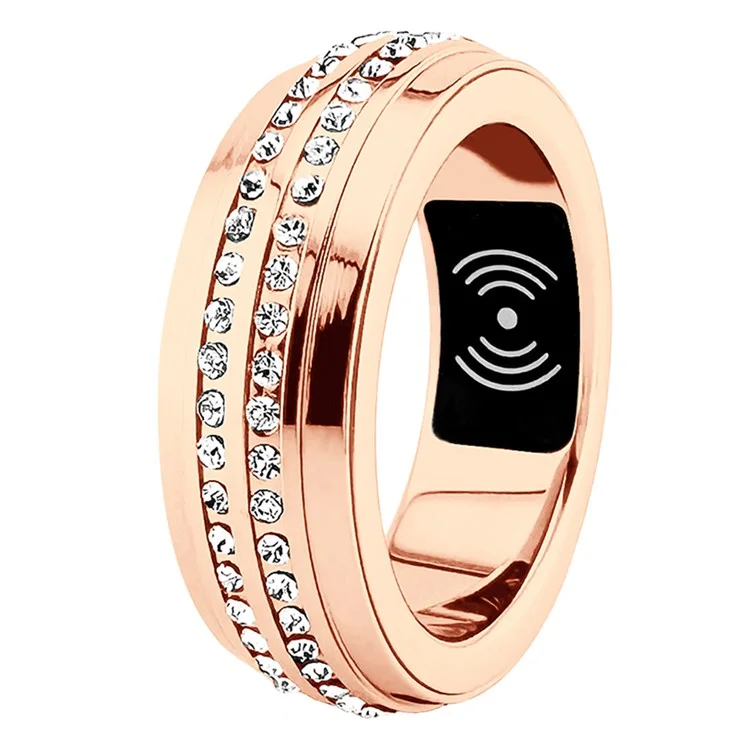 SR500 Anillo inteligente de mujer con decoración de strass, multifunción y monitoreo de salud con estuche de carga - Oro rosa / Talla 20