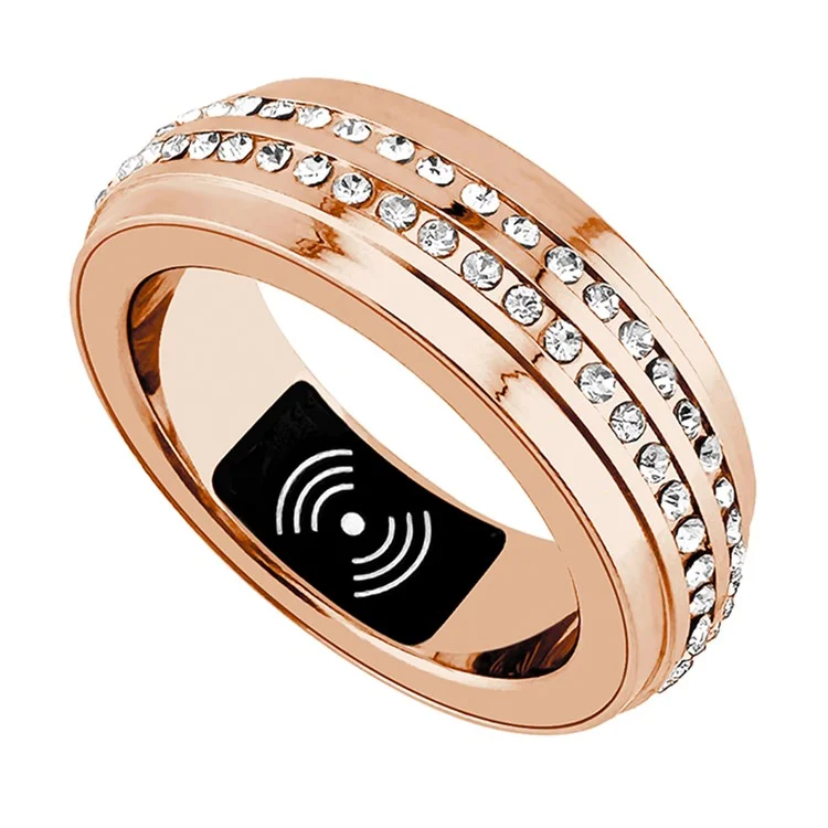SR500 Anillo inteligente de mujer con decoración de strass, multifunción y monitoreo de salud con estuche de carga - Oro rosa / Talla 20