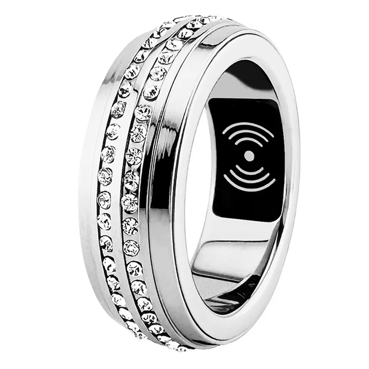 SR500 Anillo inteligente de mujer con decoración de strass, multifunción y monitorización de la salud, con estuche de carga - Plata / Talla 17
