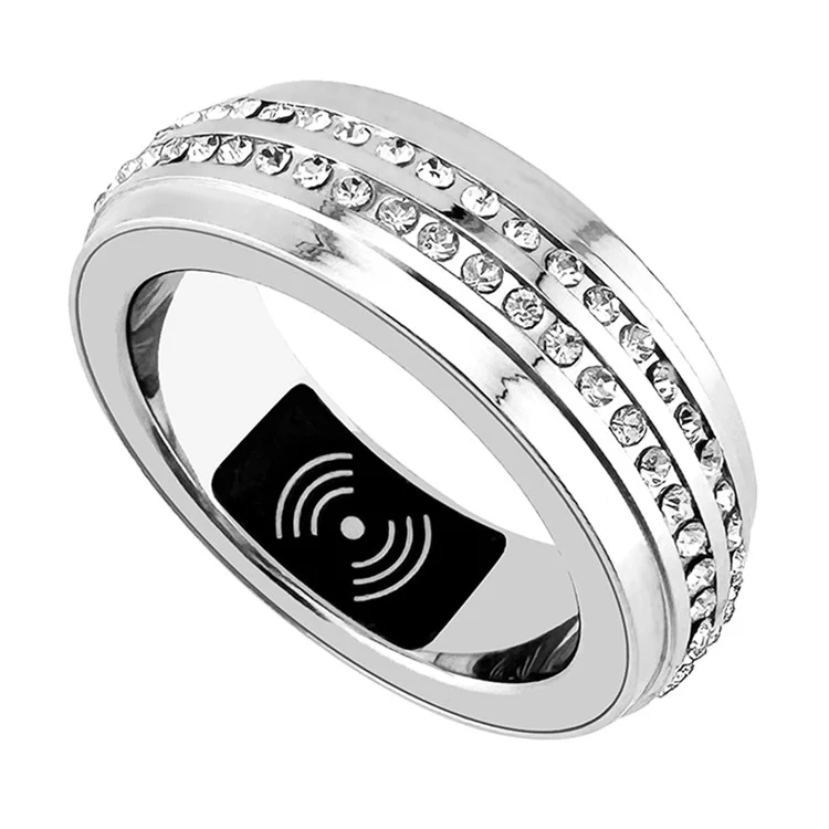 SR500 Anillo inteligente de mujer con decoración de strass, multifunción y monitorización de la salud, con estuche de carga - Plata / Talla 17
