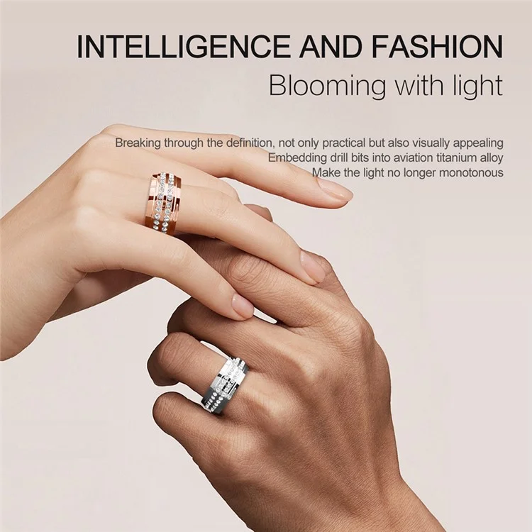 SR500 Anillo inteligente de mujer con decoración de strass, multifunción y monitorización de la salud, con estuche de carga - Plata / Talla 17