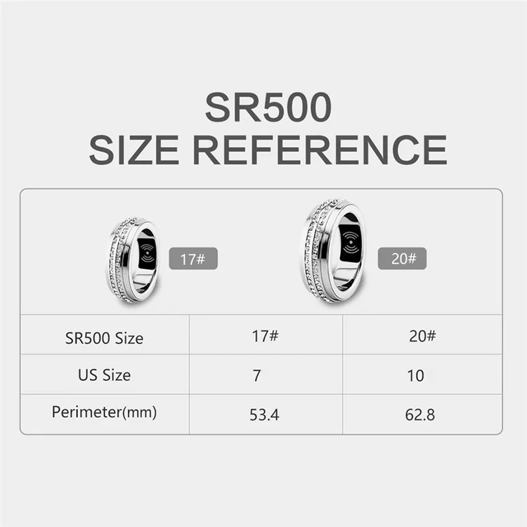 SR500 Anillo inteligente de mujer con decoración de strass, multifunción y monitorización de la salud, con estuche de carga - Plata / Talla 17