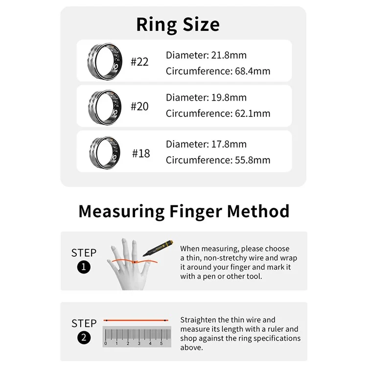 R12M Anello Intelligente Multifunzionale per il Monitoraggio della Salute, Compatibile Bluetooth, Impermeabile - Nero / Taglia 18