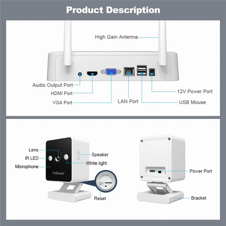 Srihome Nvs011 + Ipc057 2MP HD Surveillance WiFi CCTV Camera 8ch NVR - Plug