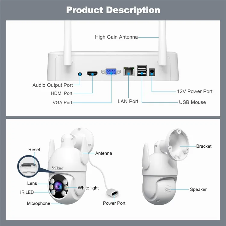 Srihome Nvs011 + Ipc059 2MP Audio Twowat Wifi Ccatv Camerie 8CH NVR Vidéo - Plug