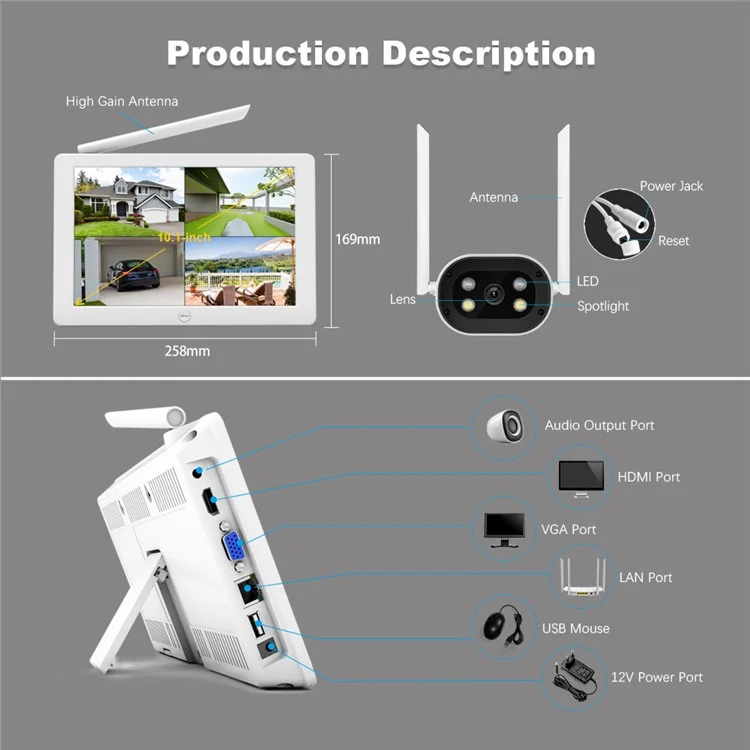 SRIHOME NVS009+IPC037 Écran LCD 10,1 pouces 5MP HD 8 canaux Surveillance WiFi CCTV Caméra Kit NVR - Prise US