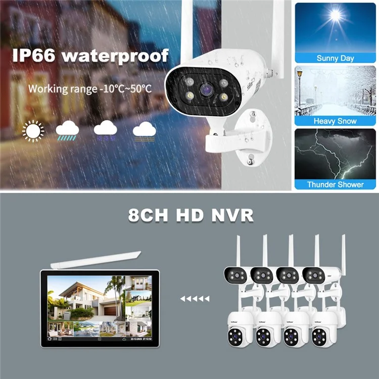 SRIHOME NVS009+IPC037 Écran LCD 10,1 pouces 5MP HD 8 canaux Surveillance WiFi CCTV Caméra Kit NVR - Prise US