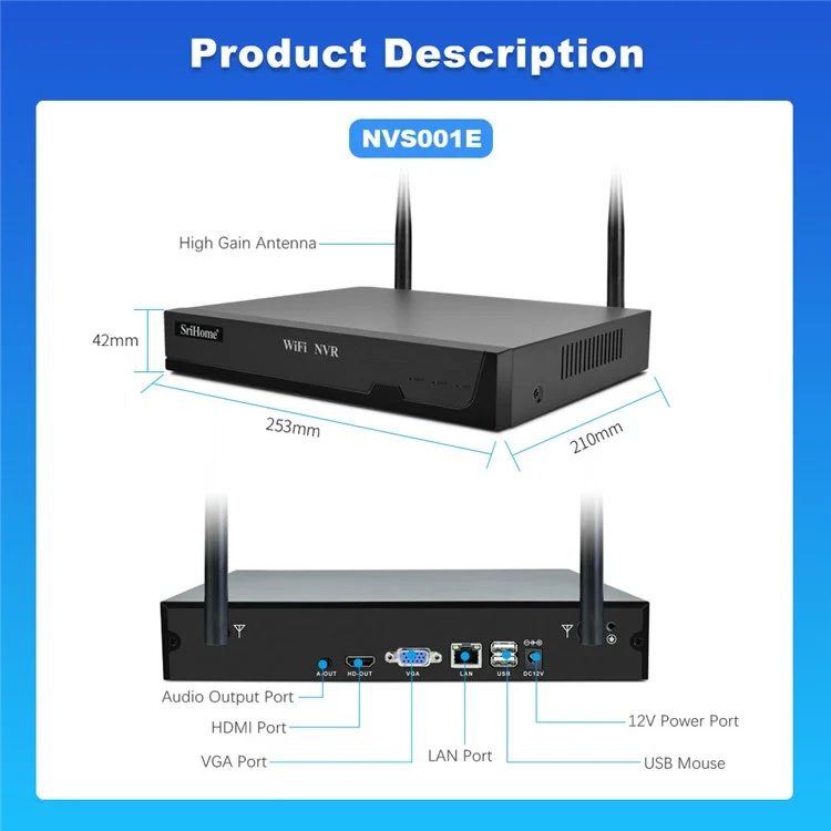 Srihome Nvs001e + Ipc047 IP66 Applicare Empherpor 5MP 8CH HD WiFi Camera NVR - Plug