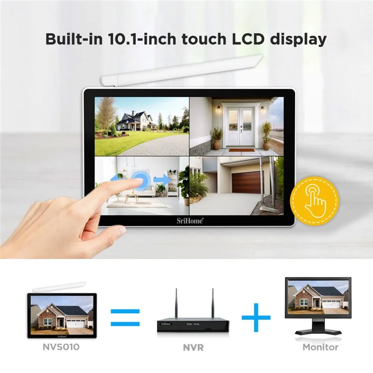Srihome Nvs010 + Ipc047 10,1 Pouces Écran LCD IP66 IP66 Ipaphor 8CH Wifi NVR 5MP HD CCTV Kit de Caméra - Plug