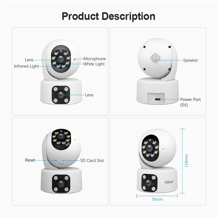 SRIHOME SH049 2MP+2MP Dual Lens Camera Two Way Audio Full Color Night Vision WiFi CCTV Camera - EU Plug