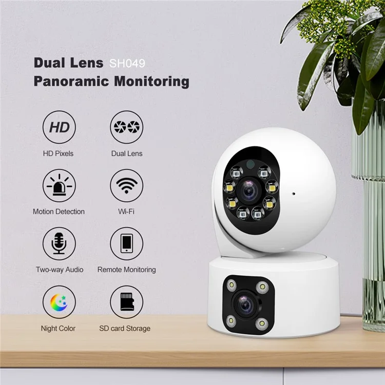 SRIHOME SH049 2MP+2MP Dual Lens Camera Two Way Audio Full Color Night Vision WiFi CCTV Camera - EU Plug