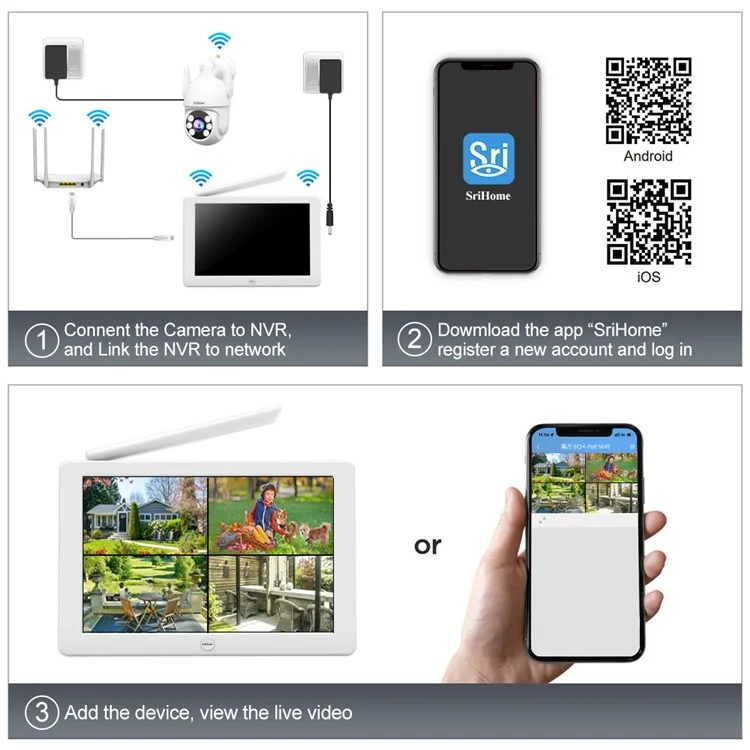 Srihome Nvs009+ipc059 10,1 Polegadas Tela LCD 5MP HD 8CH Detecção de Movimento wi -fi Cean Cear - Plugue Nos Eua