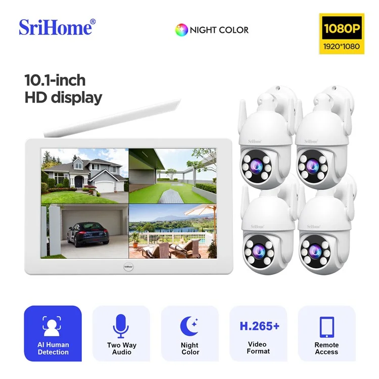 Srihome Nvs009+ipc059 10,1 Polegadas Tela LCD 5MP HD 8CH Detecção de Movimento wi -fi Cean Cear - Plugue Nos Eua