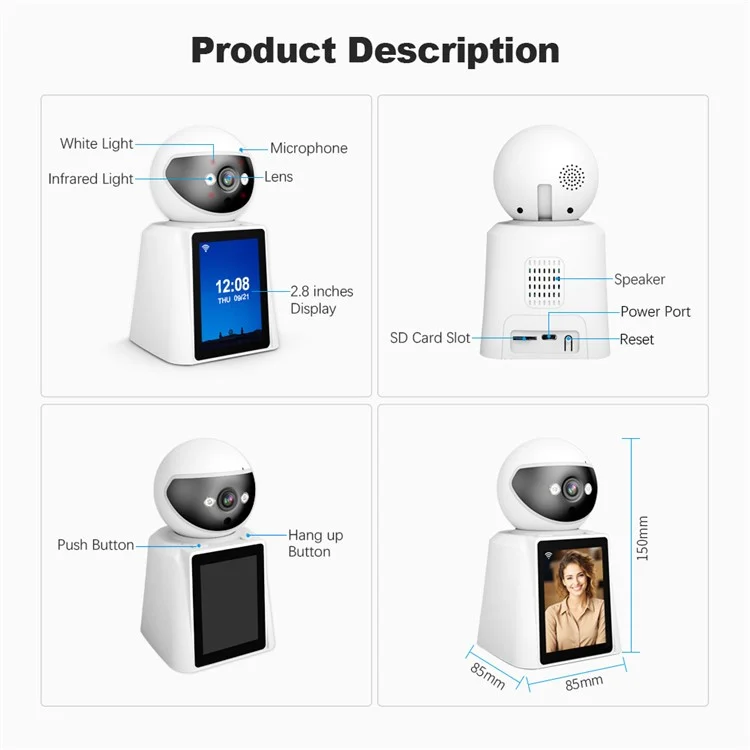 SRIHOME SH053 2.8 Inch IPS Screen PTZ Dome Camera AI Humanoid Detection Home Security Baby Monitor - US Plug
