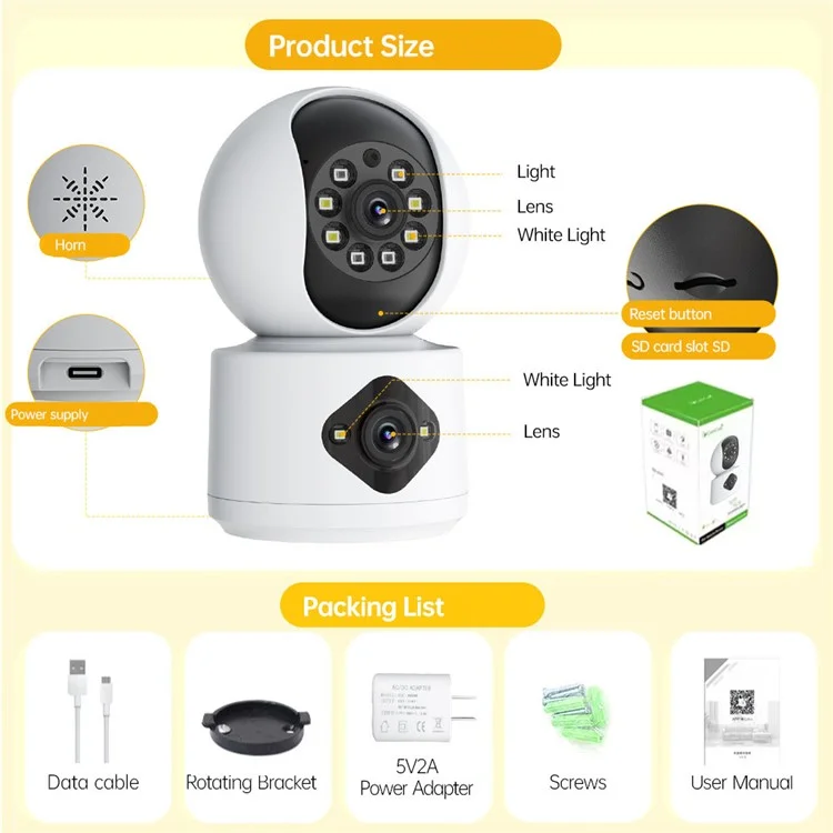 Dual Lens Night Vision HD Camera Home Security Phone Remote Monitoring WiFi Camera (No Memory Card) - US Plug