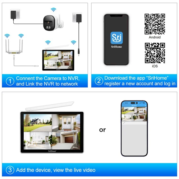 Kit Nvr Srihome (NVS010 10,1 Polegadas Monitor de Tela de Toque + 4pcs IPC056 Câmeras de 5mp) - Plugue da ue