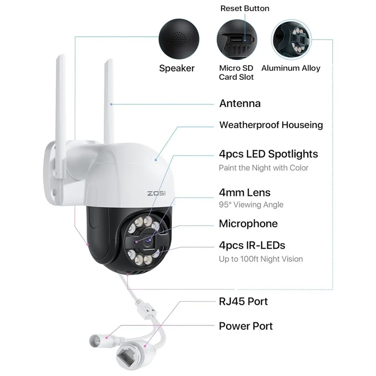 ZOSI C2893W 3MP HD Camera Humanoid Tracking Two-Way Talk APP Monitoring Outdoor Indoor Security Camera - US Plug