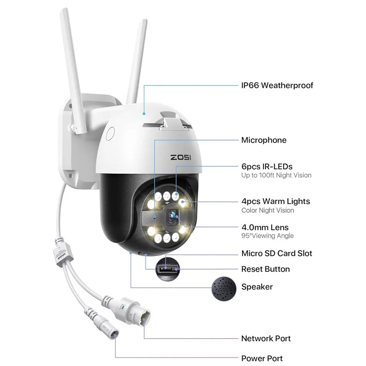 ZOSI C2965W 5MP HD Camera Humanoid Tracking Two-Way Talk APP Monitoring Outdoor Indoor Security Camera - US Plug