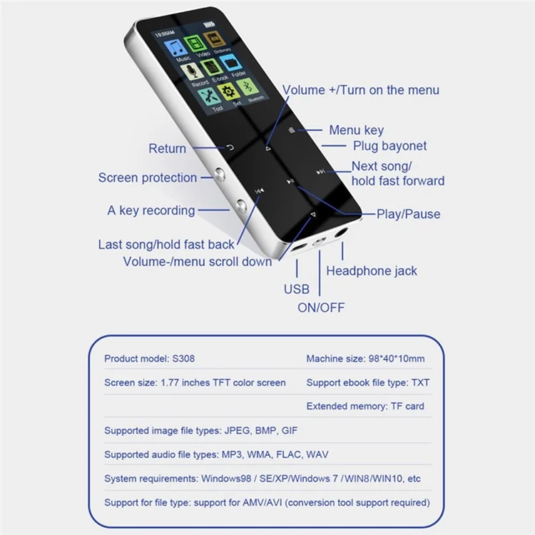 S308 Touch Screen MP3 Tonaufnahmegerät Musik Video MP4 Player mit Wörterbuch + Bluetooth-Funktion - Silber