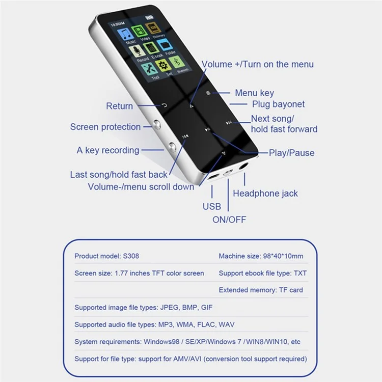 S308 Touch Screen MP3 Sound Recorder Music Video MP4 Player with Dictionary + Bluetooth-compatible Function - Blue