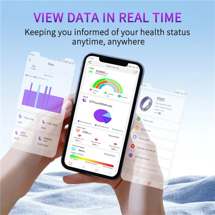 PX01 Bluetooth Sleep Health Monitoramento de Saúde Smart Ring Multifunction Dinhing Ring Com Caixa de Carregamento - Prata / Tamanho 7