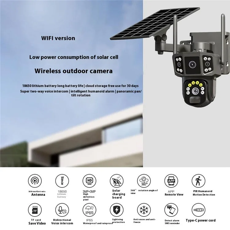 Q38 Wifi-version Outdoor HD Nachtsichtssicherheitskamera Zwei-wege-audio-multi-screen-solarkamera