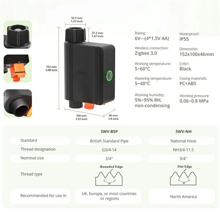 Valvola intelligente Zigbee SONOFF per sistema di irrigazione automatico - SWV-NH