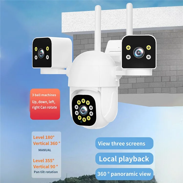 PC288-B3Y10-2MP Three-Screen WiFi Surveillance Camera Panoramic Rotation Night Vision HD Waterproof Camera (Without Memory Card) - US Plug