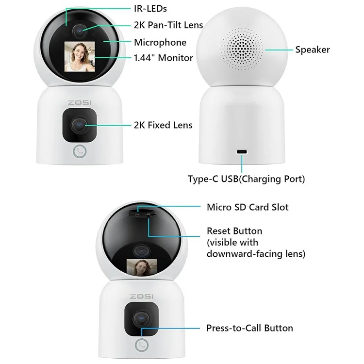 ZOSI C528M 6MP Smart Security Camera Home Surveillance Dual-Lens Monitor with Screen - US Plug