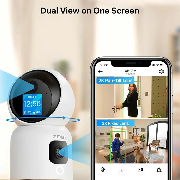 ZOSI C528M 6MP Smart Security Camera Home Surveillance Dual-Lens Monitor with Screen - US Plug