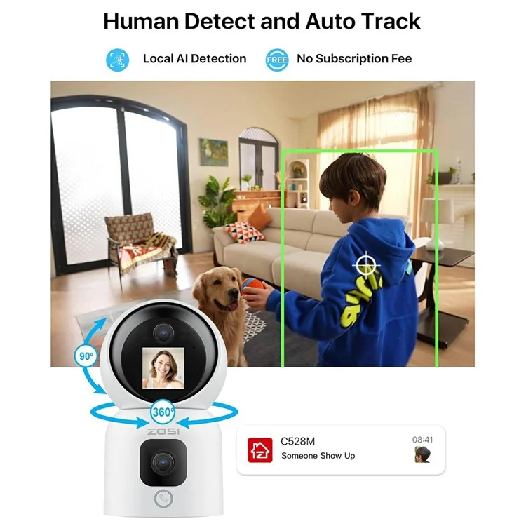 ZOSI C528M 6MP Smart Security Camera Home Surveillance Dual-Lens Monitor with Screen - US Plug