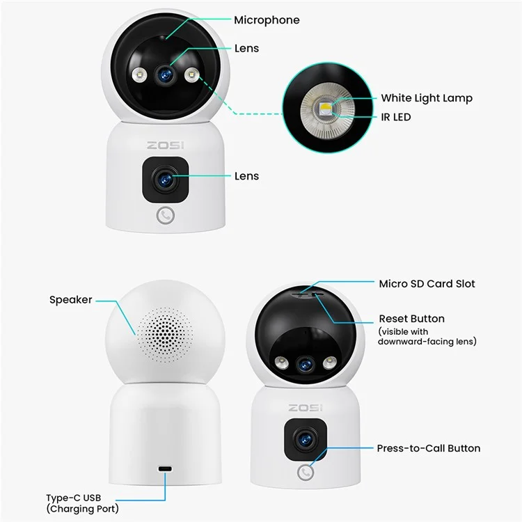 ZOSI C528D 4MP Smart Camera Dual Lens Monitor HD Night Vision Two-Way Audio Surveillance Camera - US Plug