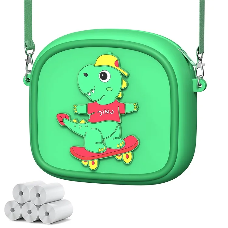 Funda de Transporte con Diseño de Animal de Dibujos Animados para Cámara Infantil, Bolso de Silicona con Bandolera y 5 Rollos de Papel Térmico - Verde