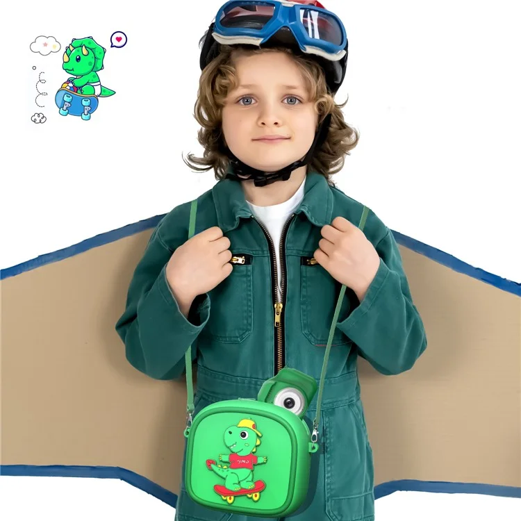 Funda de Transporte con Diseño de Animal de Dibujos Animados para Cámara Infantil, Bolso de Silicona con Bandolera y 5 Rollos de Papel Térmico - Verde