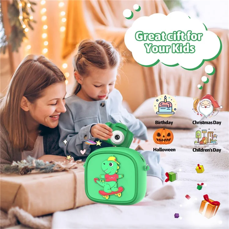 Funda de Transporte con Diseño de Animal de Dibujos Animados para Cámara Infantil, Bolso de Silicona con Bandolera y 5 Rollos de Papel Térmico - Verde