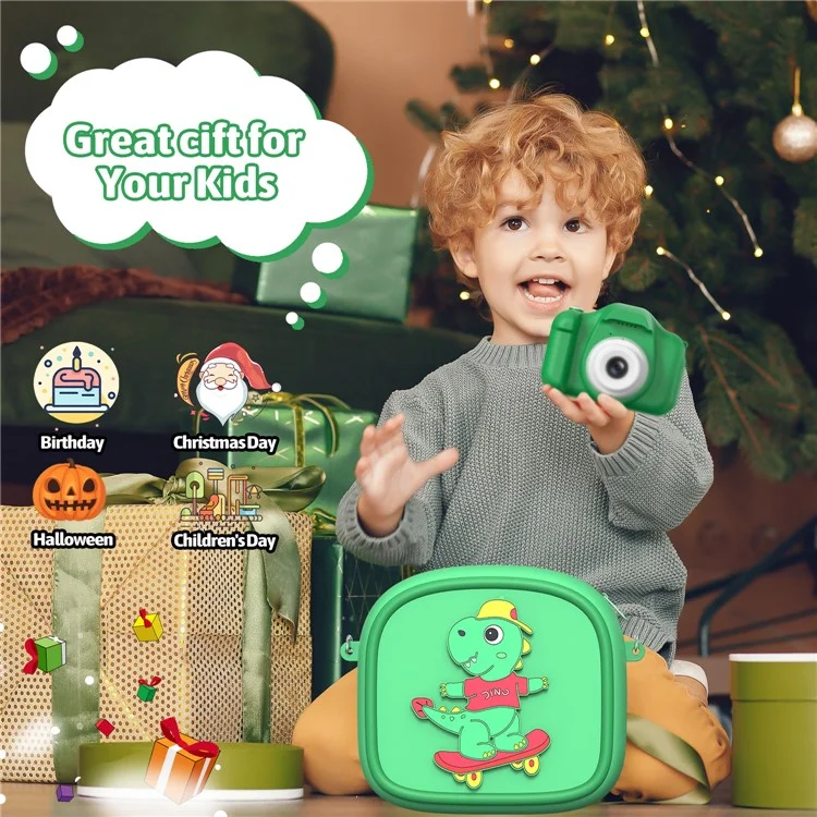 Funda de Transporte con Diseño de Animal de Dibujos Animados para Cámara Infantil, Bolso de Silicona con Bandolera y 5 Rollos de Papel Térmico - Verde