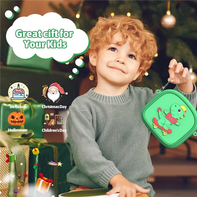Funda de Transporte con Diseño de Animal de Dibujos Animados para Cámara Infantil, Bolso de Silicona con Bandolera y 5 Rollos de Papel Térmico - Verde