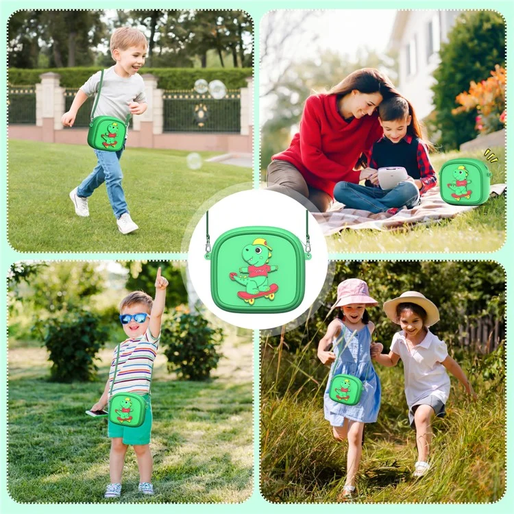 Funda de Transporte con Diseño de Animal de Dibujos Animados para Cámara Infantil, Bolso de Silicona con Bandolera y 5 Rollos de Papel Térmico - Verde