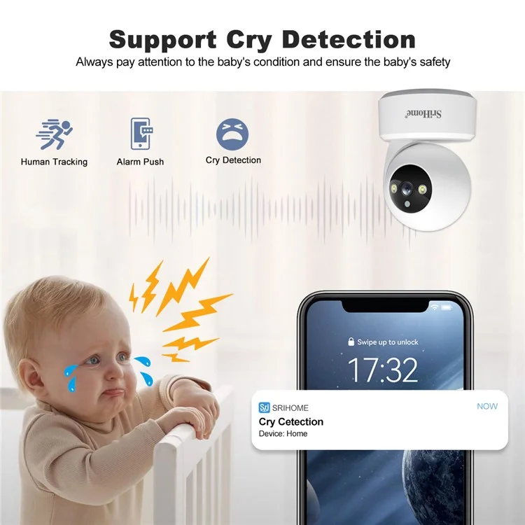 SRIHOME SH064 8MP Indoor-Sicherheitskamera mit Personenverfolgung, Babyüberwachung, Weinenerkennung, WLAN-IP-Kamera - EU-Stecker