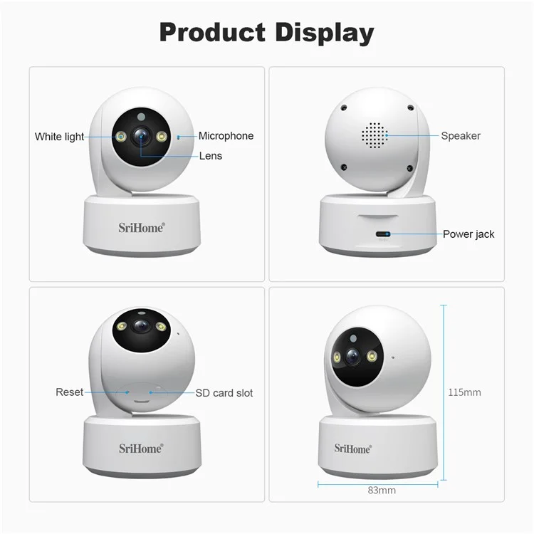 SRIHOME SH064 8MP Indoor-Sicherheitskamera mit Personenverfolgung, Babyüberwachung, Weinenerkennung, WLAN-IP-Kamera - EU-Stecker