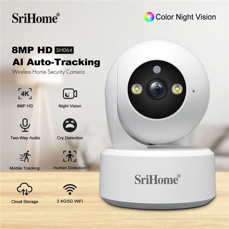 SRIHOME SH064 8MP Indoor-Sicherheitskamera mit Personenverfolgung, Babyüberwachung, Weinenerkennung, WLAN-IP-Kamera - EU-Stecker