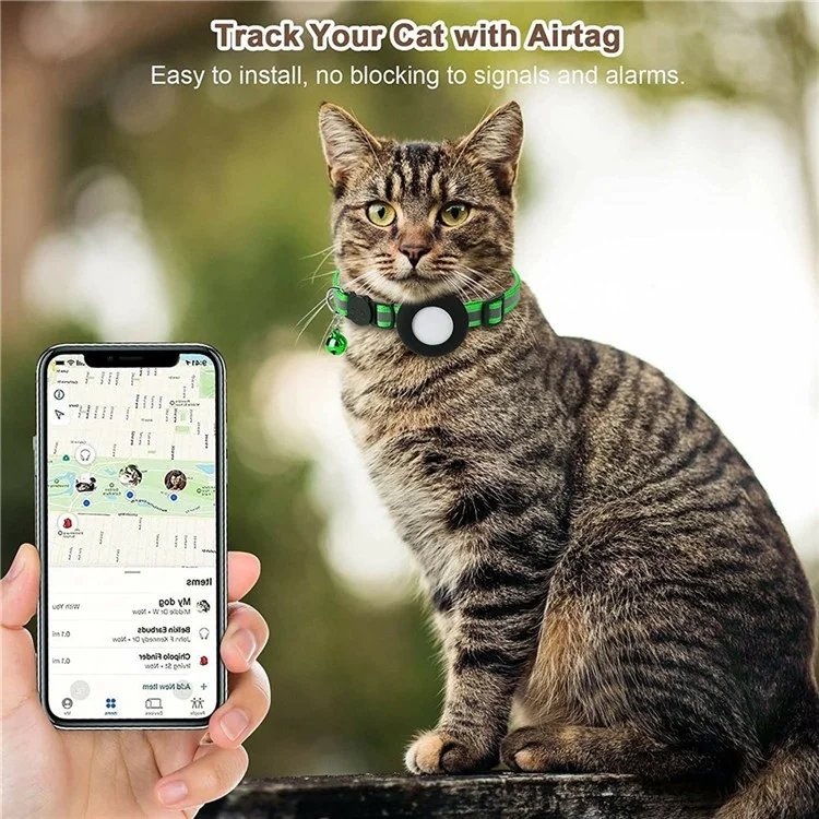 Ошейник для кошек с AirTag, с колокольчиком, регулируемой safety-застежкой, светоотражающий нейлоновый, с силиконовым чехлом - Зеленый