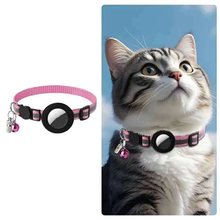For AirTag Tracker Pet Collar Silicone Case Reflective Adjustable Nylon Cat Collar with Bell and ID Tag - Pink