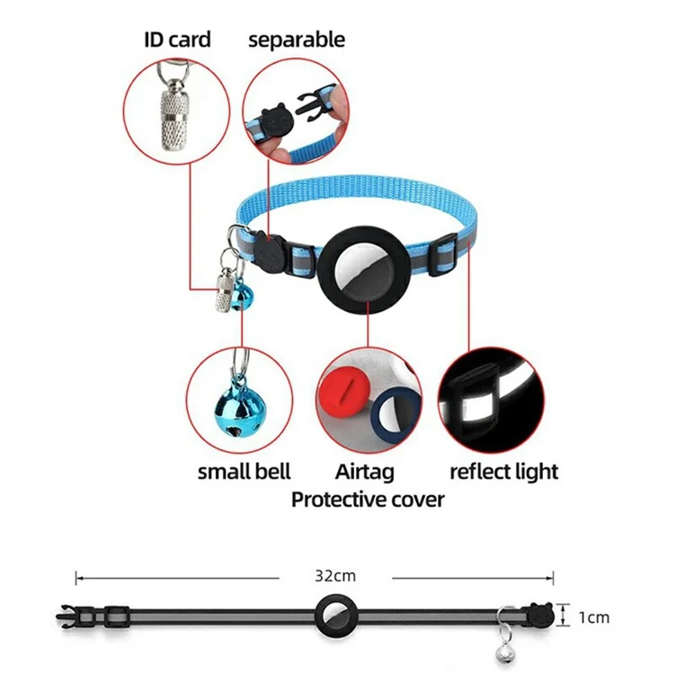 For AirTag Tracker Pet Collar Silicone Case Reflective Adjustable Nylon Cat Collar with Bell and ID Tag - Pink