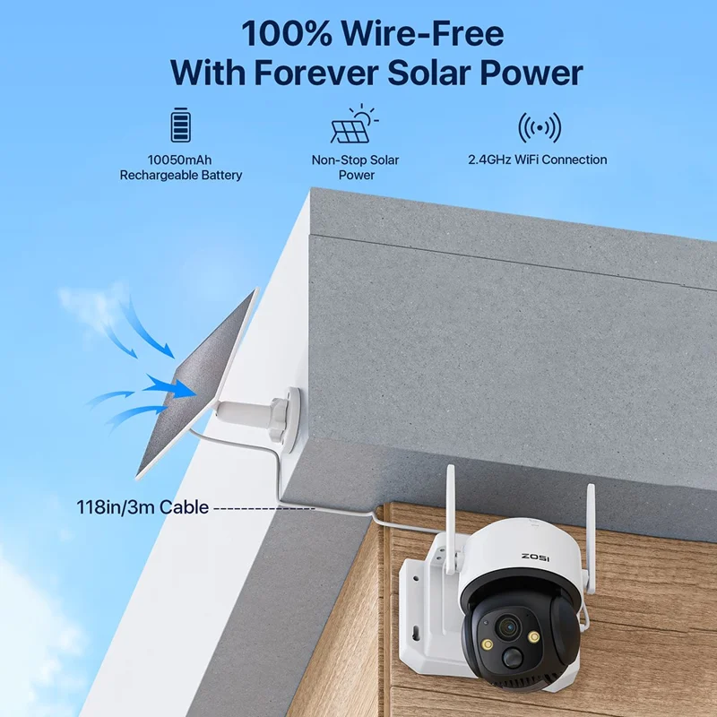 ZOSI C291 4MP 2,5K WiFi Caméra de sécurité solaire avec détection intelligente PIR, vision nocturne, caméra sans fil motorisée extérieure, avec carte mémoire de 64 Go