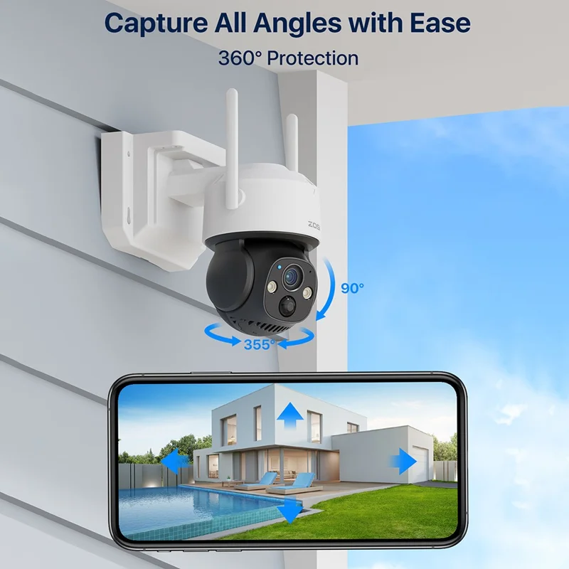 ZOSI C291 4MP 2,5K WiFi Caméra de sécurité solaire avec détection intelligente PIR, vision nocturne, caméra sans fil motorisée extérieure, avec carte mémoire de 64 Go