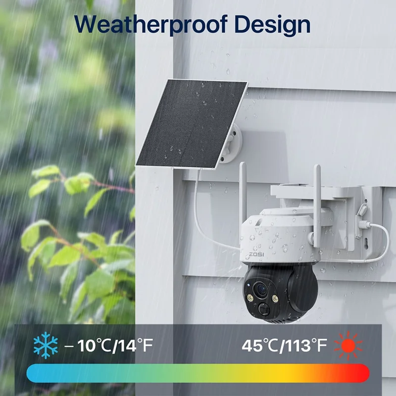 ZOSI C291 4MP 2,5K WiFi Caméra de sécurité solaire avec détection intelligente PIR, vision nocturne, caméra sans fil motorisée extérieure, avec carte mémoire de 64 Go