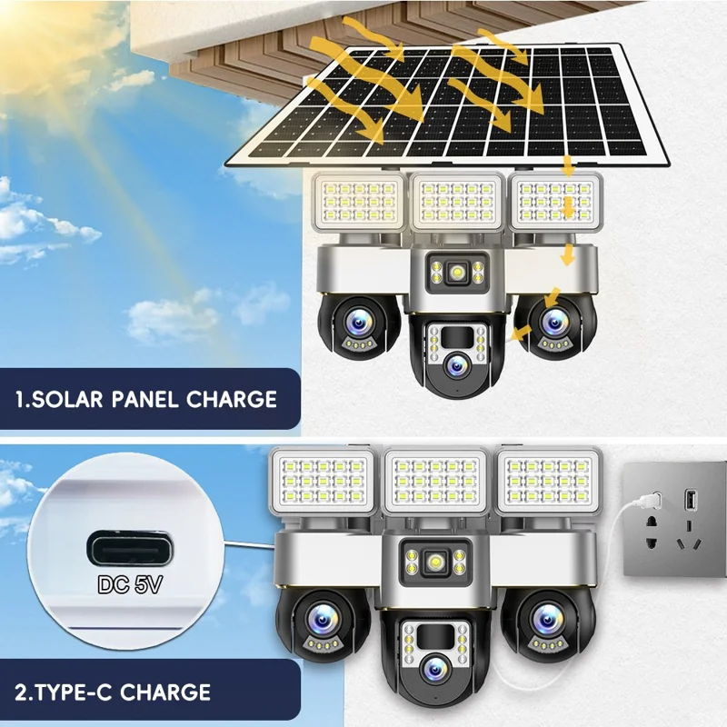 VTS30A V380 Outdoor Security Camera Solar Powered Night Vision  3 LED Lights Surveillance System - WiFi Version  /  US Plug